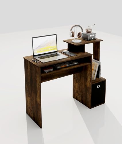 Small Computer Desk with Drawers, Wood Writing Desk with Storage Shelves for Home Office Bedroom Living Room, Walnut/Black - color: Amber Pine/Black