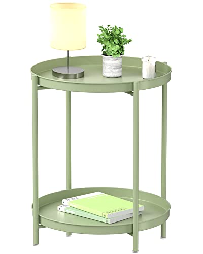 EKNITEY 2 Tier End Table - Metal Side Table Waterproof Small Sofa Coffee Side Tables Bedroom Indoor Outdoor with Removable Tray for Living Room Bedroom Balcony and Office (Atrovirens) - color: Atrovirens, size: 2 tier
