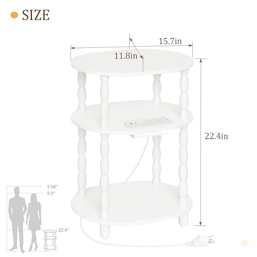 MaxSmeo White Side Table with Charging Station, 3-Tier Small Oval End Table with USB Ports and Outlets, Modern Night Stand Wood Accent Table for Living Room, Bedroom, White - color: White Charging Station