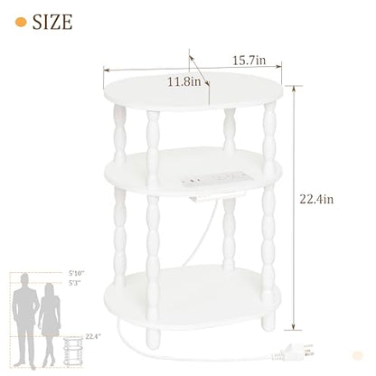 MaxSmeo White Side Table with Charging Station, 3-Tier Small Oval End Table with USB Ports and Outlets, Modern Night Stand Wood Accent Table for Living Room, Bedroom, White - color: White Charging Station