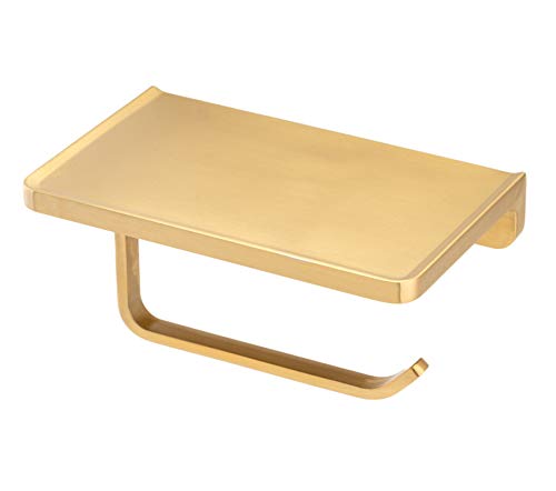 Linkaa Gold Toilet Paper Holder with Shelf,Wall Mount Toilet Tissue Holder | Toilet Roll Dispenser with Phone Shelf Storage Bathroom Accessories丨Heavy Duty Zinc Alloy丨Easy To Install - color: Brushed Brass, size: Single Roller
