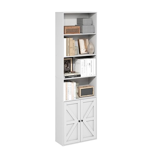 Furinno Jensen Book Shelf, 6-Tier Farmhouse Bookshelf, Display Bookcase with Doors, 9.2" x 21.6" x 71.2", for Organization and Storage, for Living Room, Bedroom, Home Office, White - color: White, size: 6-Shelf, with Doors