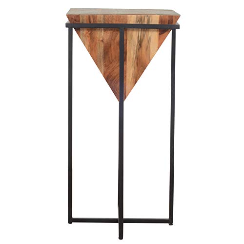 The Urban Port 30 Inch Pyramid Shape Wooden Side Table | Brown Finish, Cross Black Metal Base, Modern Accent End Table, For Living Room, Bedroom, Entryway, Lounge, Home Decor Display - size: 30-Inch