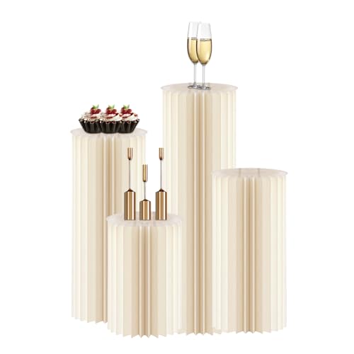 4Pack Cylinder Stands for Party, Foldable Cardboard Columns with 4 Clear Round Top Plates, Cake Display Pedestal Stand for Wedding Banquet Vendor Events Decorative - color: Beige
