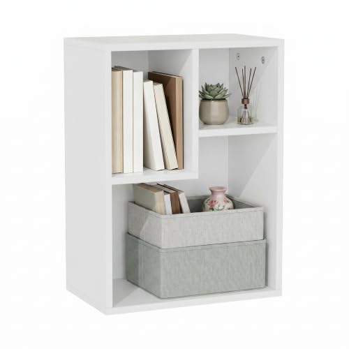 VECELO 15.7" Open Bookshelf, Waterproof Particle Board Asymmetrical Split Cubby Storage Organizer, White Uneven Compartment Display Cube for Tall Books, Bedroom Dorm Office - color: White, size: Wide
