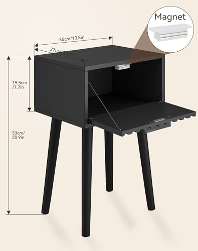 YMYNY Fluted Nightstand Set of 2, Small End Table, Modern Coffee Table with Drawer, Solid Wood Legs, Retaining Chain, 13.8" x 10.6" x 20.9", for Bedroom and Small Spaces, Black UHST014B-2 - color: Black