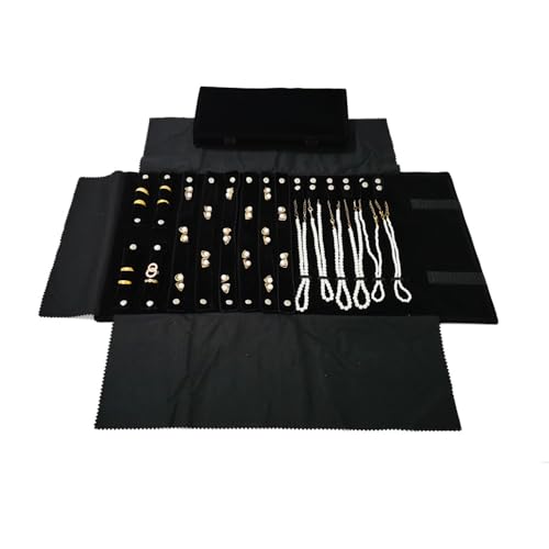 Velvet Travel Jewelry Case Roll Bag Organizer for Necklace Bracelet Earrings Ring (Black) (Black(2+6+6)) - color: Black (2+6+6)