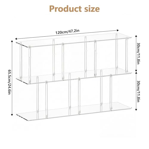 3-Tier Acrylic Low Bookshelf 11.8''D X 47.2''W X 24.6''H Clear Long Bookcase with Large Storage Cube Organizer Shelf Easy Assembly for Office Living Room Bedroom