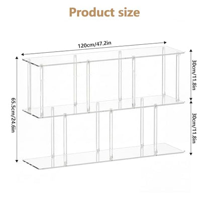 3-Tier Acrylic Low Bookshelf 11.8''D X 47.2''W X 24.6''H Clear Long Bookcase with Large Storage Cube Organizer Shelf Easy Assembly for Office Living Room Bedroom