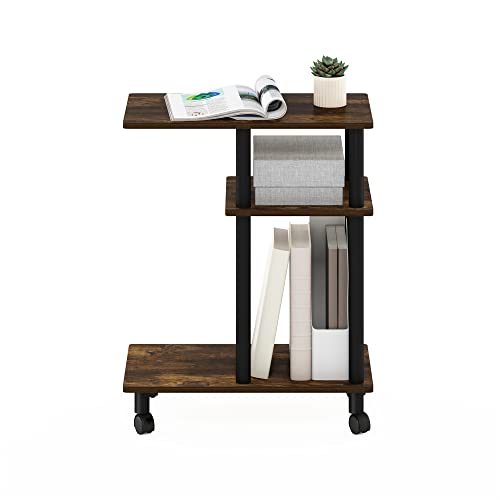 Furinno Turn-N-Tube Side Table, 3-Tier C-Shape End Table with Wheels, Toolless Assembly Night Stand, Bedside Table with Open Shelf, for Living Room, Bedroom, Amber Oak/Black - color: Amber Oak/Black
