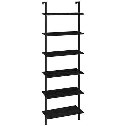 HOOBRO DIY Ladder Shelf, 6-Tier Wall Mounted Bookshelf, Office Vertical Bookcase, Wooden Storage Shelves for Home Office, Bedroom, Black BB65CJ01 - color: Black