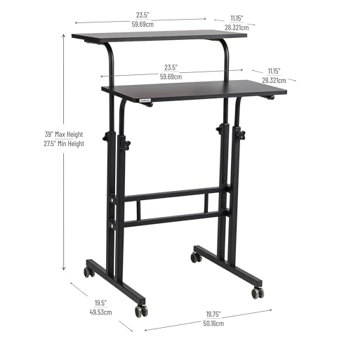 Mind Reader Standing Desk, Adjustable Height Laptop Workstation, Portable Rolling Desk on Wheels, Two-Tier Metal Frame, Black - color: Black