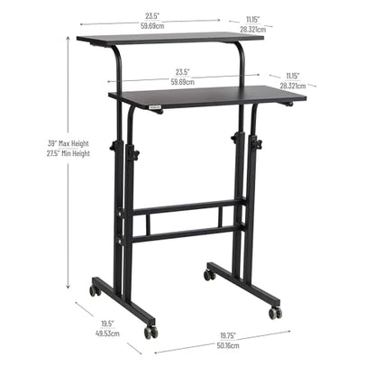 Mind Reader Standing Desk, Adjustable Height Laptop Workstation, Portable Rolling Desk on Wheels, Two-Tier Metal Frame, Black - color: Black