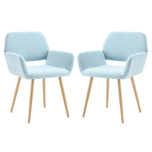 KCC Desk Chair No Wheels Makeup Vanity Chair for Living Room,Set of 2,Blue | Velvet Modern Dining Room Arm Chairs Mid-Century Accent Upholstered Club Guest Chair with Metal Tube Legs for Kitchen - color: Blue, size: Set of 2