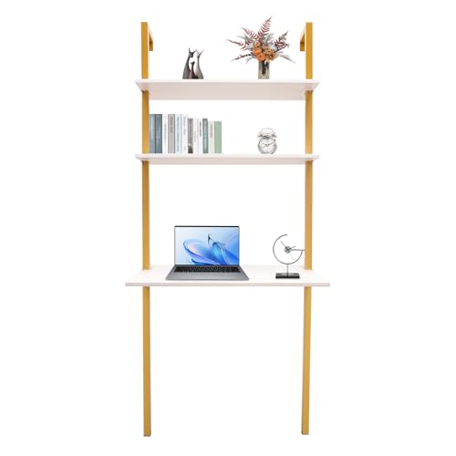 2-Shelf Industrial Wall Mount Ladder，Wall Mount Computer or Writing Desk, Computer Laptop Desk with Shelves, Wall Table Floating Desk with Storage for Home Office, Gold, (20" Dx30 Wx72.8 H) - color: Gold/ White