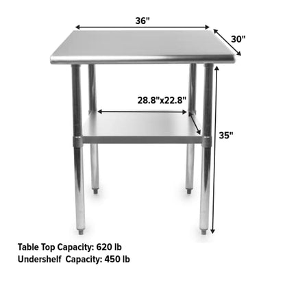 30" x 36" Stainless Steel Prep Table – NSF Certified Heavy Duty Work Table for Home & Commercial Use – Galvanized Undershelf & Legs - size: 36x30