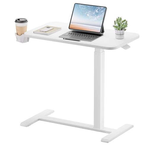 GTPLAYER Small Standing Desk with Hidden Wheels, Pneumatic Mobile Rolling Laptop Desk, Adjustable Height Overbed Bedside Table Computer Workstation for Home Office (28" W x 16" D, White) - color: White-hidden, size: Medium