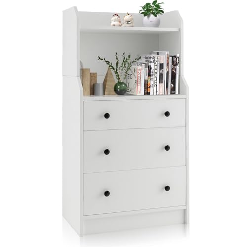 Moccha 3 Drawers Dresser with Shelf, Modern Dresser Tower with 2 Open Shelves, Chest of Drawers with Anti-toppling Device, Tall Storage Dresser Nightstand for Closet, Living Room, White - color: White