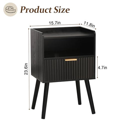 AWASEN Black Fluted Nightstand Set of 2, Modern Bedside Table Set of 2 with Storage Drawers, Small Nightstand Bed Side Table with Solid Wood for Living Room, Bedroom, Office and Small Spaces (Black) - color: Black Set of 2