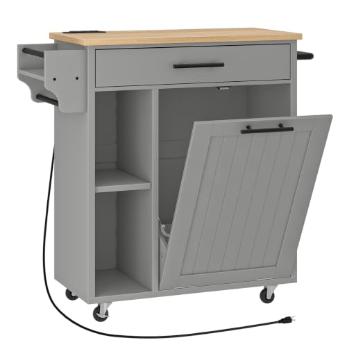 HOOBRO Kitchen Island with Trash Can Storage, Rolling Kitchen Island on Wheels, Mobile Island Cart with Power Outlet, Islands Table for 10 Gallon Garbage Bin, White and Grey GN80UZD01G1 - color: Natural + Grey
