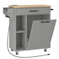 HOOBRO Kitchen Island with Trash Can Storage, Rolling Kitchen Island on Wheels, Mobile Island Cart with Power Outlet, Islands Table for 10 Gallon Garbage Bin, White and Grey GN80UZD01G1 - color: Natural + Grey