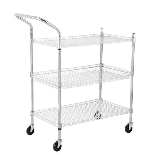 TrailBlaze Kitchen Utility Cart, 3-Tier Wire Rolling Utility Cart, Stainless Steel Service Cart w/Wheels and Adjustable Storage Rack Handle - for Laundry, Garage, Bathroom - High Handle - size: 3-Tiers high handle