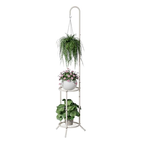 2-Tier Hanging Plant Stand, Heavy Duty Metal Planter Rack - Space Saving Indoor/Outdoor Shelves with 41" Hanging Space - Display Multiple Flower Pots, Tall Iron Plant Organizer for Living Room, Patio & Garden - color: White