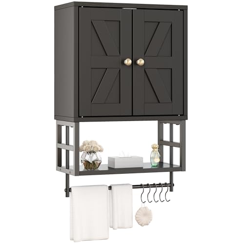 Bathroom Wall Cabinet, Farmhouse Medicine Storage with Towel Bar, Black | 2 Doors & Adjustable Shelves 5 Hooks, 3-Tier for Over-Toilet, Laundry, Living, Bedroom, Kitchen, Space Saving - color: Black, size: 15.79" L