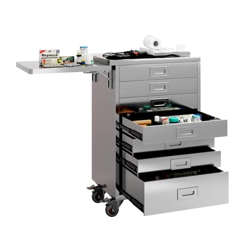 Medical Dental Assistant’s Alabama Mobile Utility Cart, Stainless Steel Storage Cabinet – 7 Drawer with Side Shelf & Handle for Professional Instrument Storage