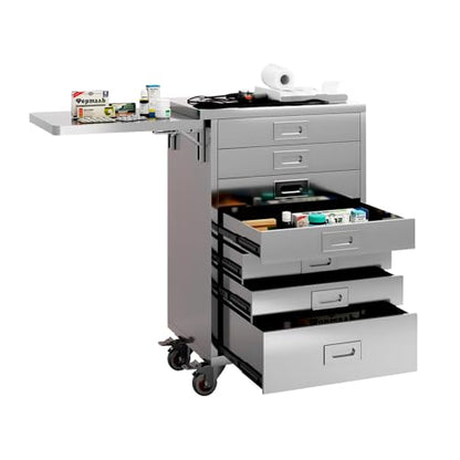 Medical Dental Assistant’s Alabama Mobile Utility Cart, Stainless Steel Storage Cabinet – 7 Drawer with Side Shelf & Handle for Professional Instrument Storage