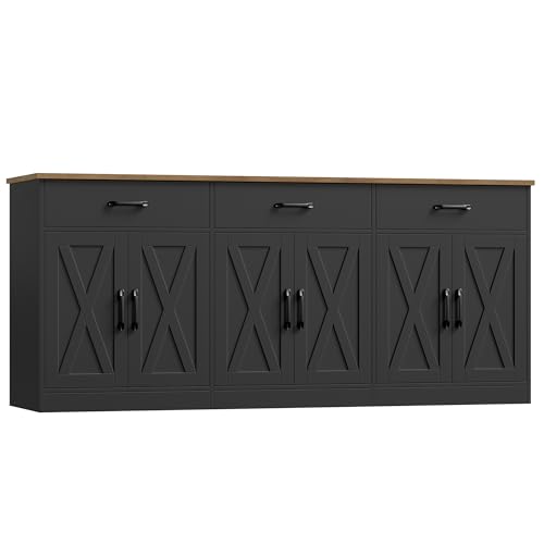 HOSTACK 71"W Farmhouse Kitchen Sideboard Buffet Cabinet with Storage, Black | Large Coffee Bar Cabinet with 3 Wide Drawers, Long Buffet Table with Shelves, Kitchen Storage Cabinet for Dining Room - color: Black
