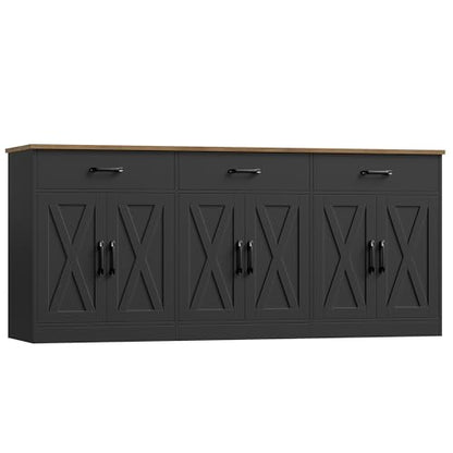 HOSTACK 71"W Farmhouse Kitchen Sideboard Buffet Cabinet with Storage, Black | Large Coffee Bar Cabinet with 3 Wide Drawers, Long Buffet Table with Shelves, Kitchen Storage Cabinet for Dining Room - color: Black
