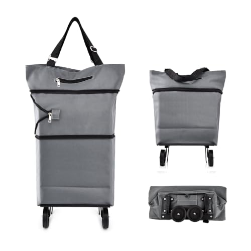 JIANWEI Collapsible Shopping Cart with 360° Swivel Wheels, Portable Folding Trolle-y Grocery Bag, Reusable Foldable Tote Grocery Cart Large Capacity Used for Travel and Home (Grey)