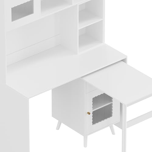 Wooden Computer Gaming Desk with 90 Degree Rotating Desktop, Study Writing Desk with Open Shelves, Storage Drawer and Cabinets, Work Desk for Home Office Bedroom Living Room (White-03) - color: White-03