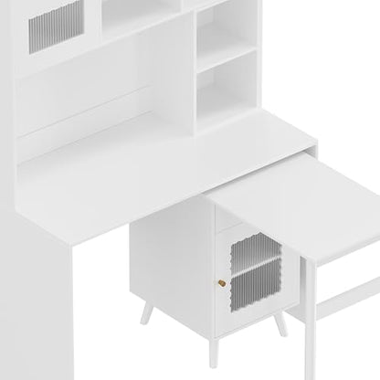 Wooden Computer Gaming Desk with 90 Degree Rotating Desktop, Study Writing Desk with Open Shelves, Storage Drawer and Cabinets, Work Desk for Home Office Bedroom Living Room (White-03) - color: White-03
