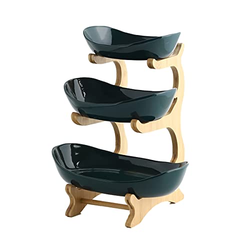 3 Tier Fruit Bowl With Bamboo Stand for Kitchen Counter,Ceramic Fruit Basket Large Capacity for Fruit Vegetable Storage,Snack Dessert Cake Tray Plate Rack for Party Wedding (Green) - color: Green