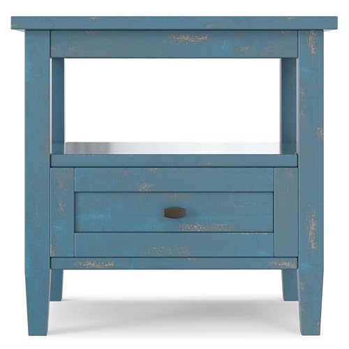 SIMPLIHOME Warm Shaker End Table - 20" Wide x 20" High Solid Wood Square Accent Table in Distressed Coastal Blue, Transitional Side Table for Living Room with Drawer, Open Shelf and Tapered Legs - color: Distressed Coastal Blue, size: 20 inch, style: End