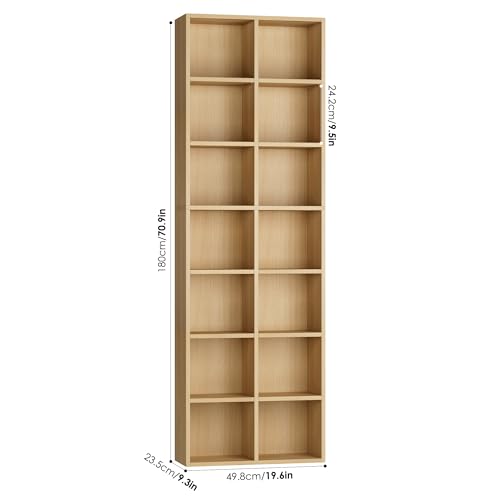 FOTOSOK 71'' Tall Bookshelf with 14 Cubes, 7 Tier Double Wide Wood Bookshelf with 6 Adjustable Shelves, 19.6" Narrow Bookcase DVD/CD Media Storage, Space Saving Display Shelf Cabinet, Natural - color: Natural