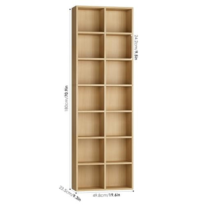 FOTOSOK 71'' Tall Bookshelf with 14 Cubes, 7 Tier Double Wide Wood Bookshelf with 6 Adjustable Shelves, 19.6" Narrow Bookcase DVD/CD Media Storage, Space Saving Display Shelf Cabinet, Natural - color: Natural