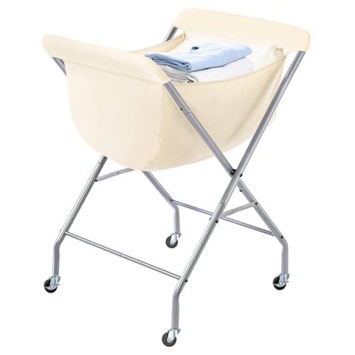 ELYKEN Collapsible Laundry Cart with Wheels, 33”H Rolling Laundry Hamper with Removable Liner Bag, Sturdy Metal Frame Folding Clothes Basket for Small Narrow Space, Bedroom, Dorm, Apartment - color: Creamy, size: 25.6"L x 22"W x 33"H