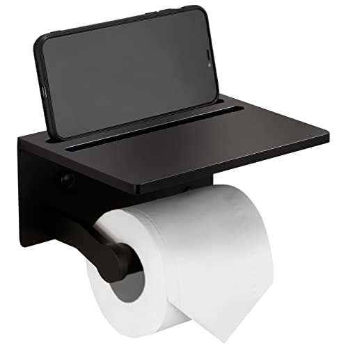 Toilet Paper Holder with Shelf, Black Anti-Rust Aluminum Tissue Roll Holder with Mobile Phone Storage Shelf for Bathroom, 3M Self Adhesive No Drilling or Wall Mounted with Screws - color: Black