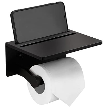 Toilet Paper Holder with Shelf, Black Anti-Rust Aluminum Tissue Roll Holder with Mobile Phone Storage Shelf for Bathroom, 3M Self Adhesive No Drilling or Wall Mounted with Screws - color: Black