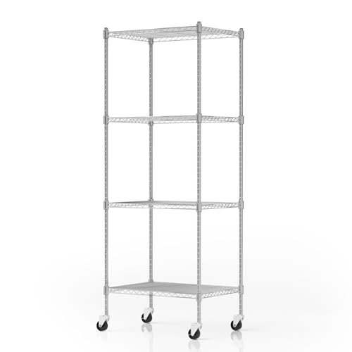 Garage Shelving with Wheels, 4 Tier Shelving Unit and Adjustable Feet, 865 lb High Capacity Rolling Storage Shelf for Kitchen, Office, Dining Room, Garage, Chrome - color: Silver, size: 4-Tier with Wheels