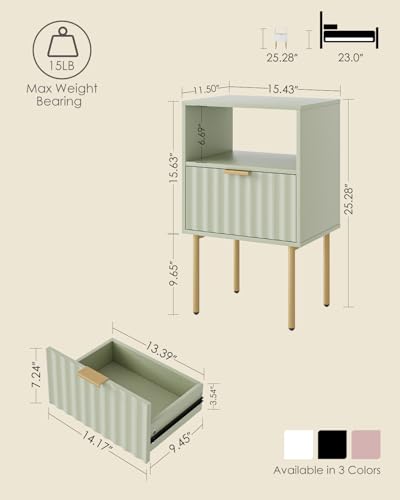 Nightstand,Modern Bedside Table with Gold Frame,Night Stand,Bedside Furniture, Modern Side Table with Drawer and Shelf for Bedroom,Living Room (Green) - color: Green