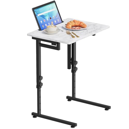 Adjustable Height Tv Tray Table,Portable Folding Tv Dinner Snack Table,Small Foldable C-Shaped End Table for Eating,Slide Under Couch Side with Sturdy MDF Top,No Assembly(White Marble+Black) - color: White Marble+black