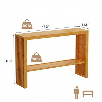 47-Inch Console Table with Storage, 2-Tier Narrow Entryway Table,Natural | 100% Natural Bamboo slim profile, reinforced angled frame versatile wall-side placement - color: Natural, style: 2-TIER