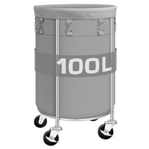100L Round Rolling Laundry Hamper Basket with Wheels, Grey | Laundry Sorter Cart with Removable Bag, Clothes Organizer, Metal Frame, Bedroom, Bathroom, Laundry Room, Dorm Use - color: Grey