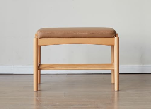 Oak Wood Shoe Bench, 24 Inch Entryway Bench with Brown Leather Cushion | Natural oak frame with brown leather cushion adds premium texture and modern elegance to your home. - color: Natural + Brown Leather Cushion, size: 23.62"