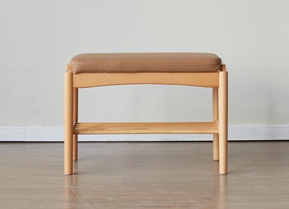 Oak Wood Shoe Bench, 24 Inch Entryway Bench with Brown Leather Cushion | Natural oak frame with brown leather cushion adds premium texture and modern elegance to your home. - color: Natural + Brown Leather Cushion, size: 23.62"
