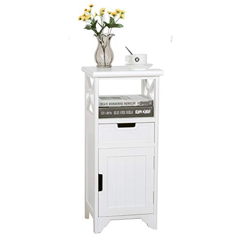 End Table with Drawer and Doors(Fully Assembled), 30" Height Floor Standing Storage Cabinet with Shelf for Bathroom, Solid Wood Side Table/Nightstand/Side Cabinet for Bedroom -White - color: White